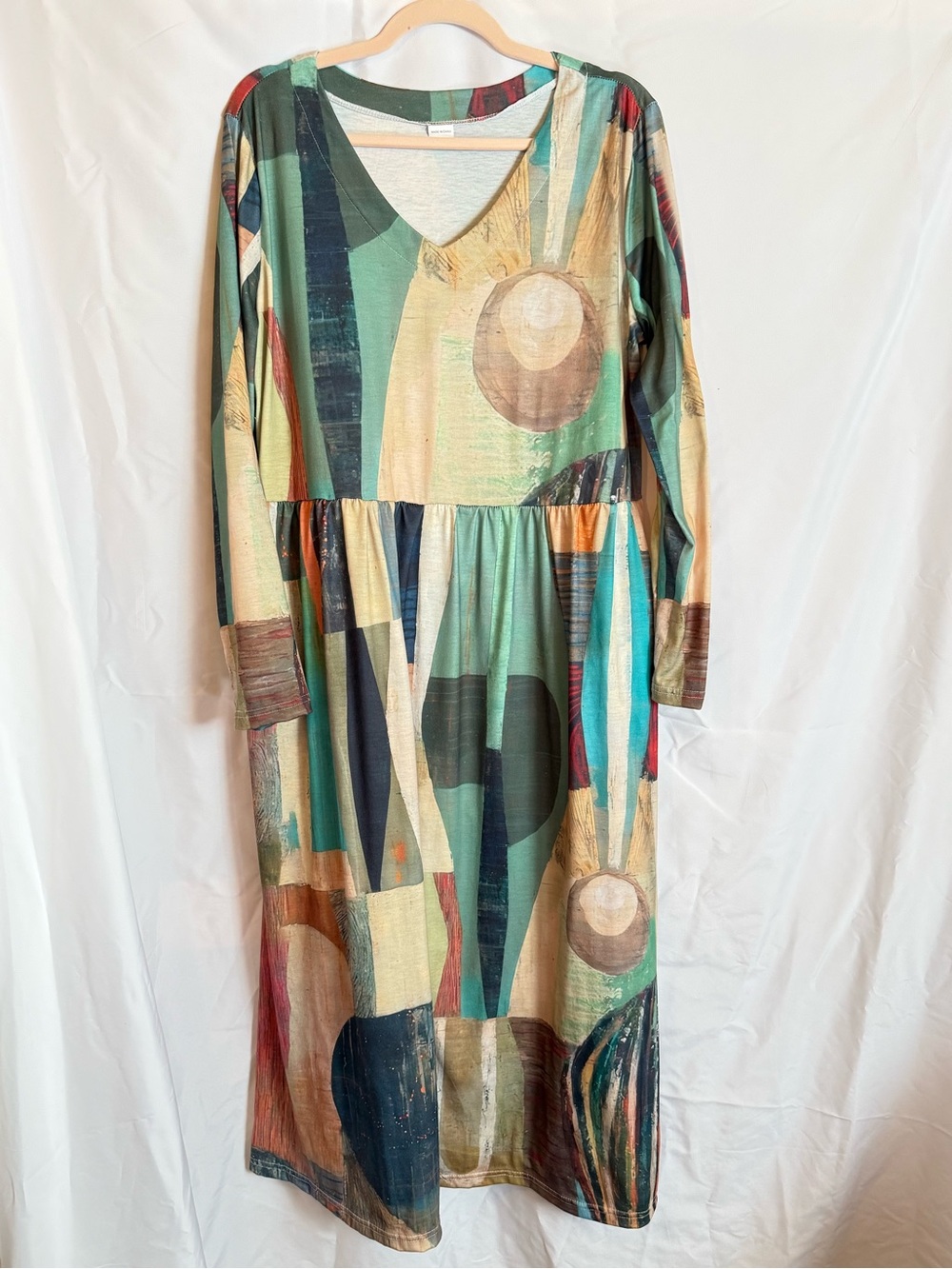 Abstract Geometric Art Print V-Neck Long Sleeve Maxi Dress Size L NWOT - Picture 2 of 4